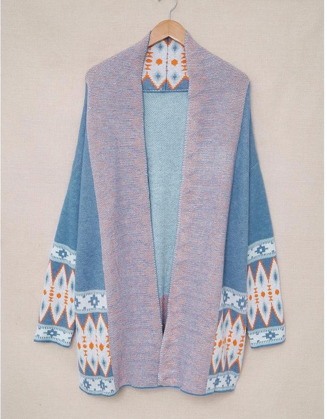 Blue Aztec Print Open Front Knitted Cardigan