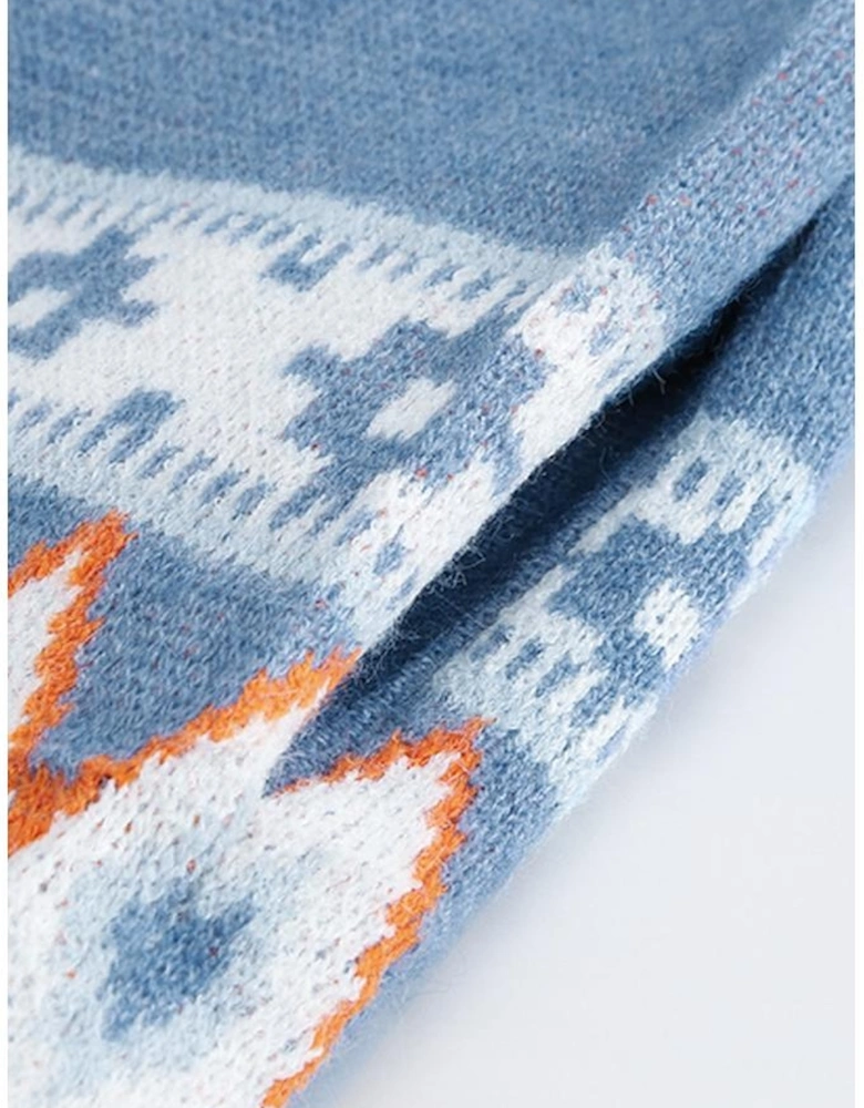 Blue Aztec Print Open Front Knitted Cardigan