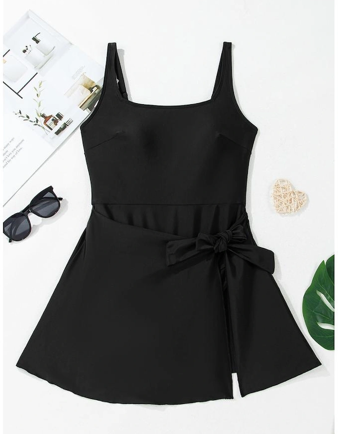 Black Side Tied Waist Square Neck Adjustable Straps A-line One Piece Swim Dress