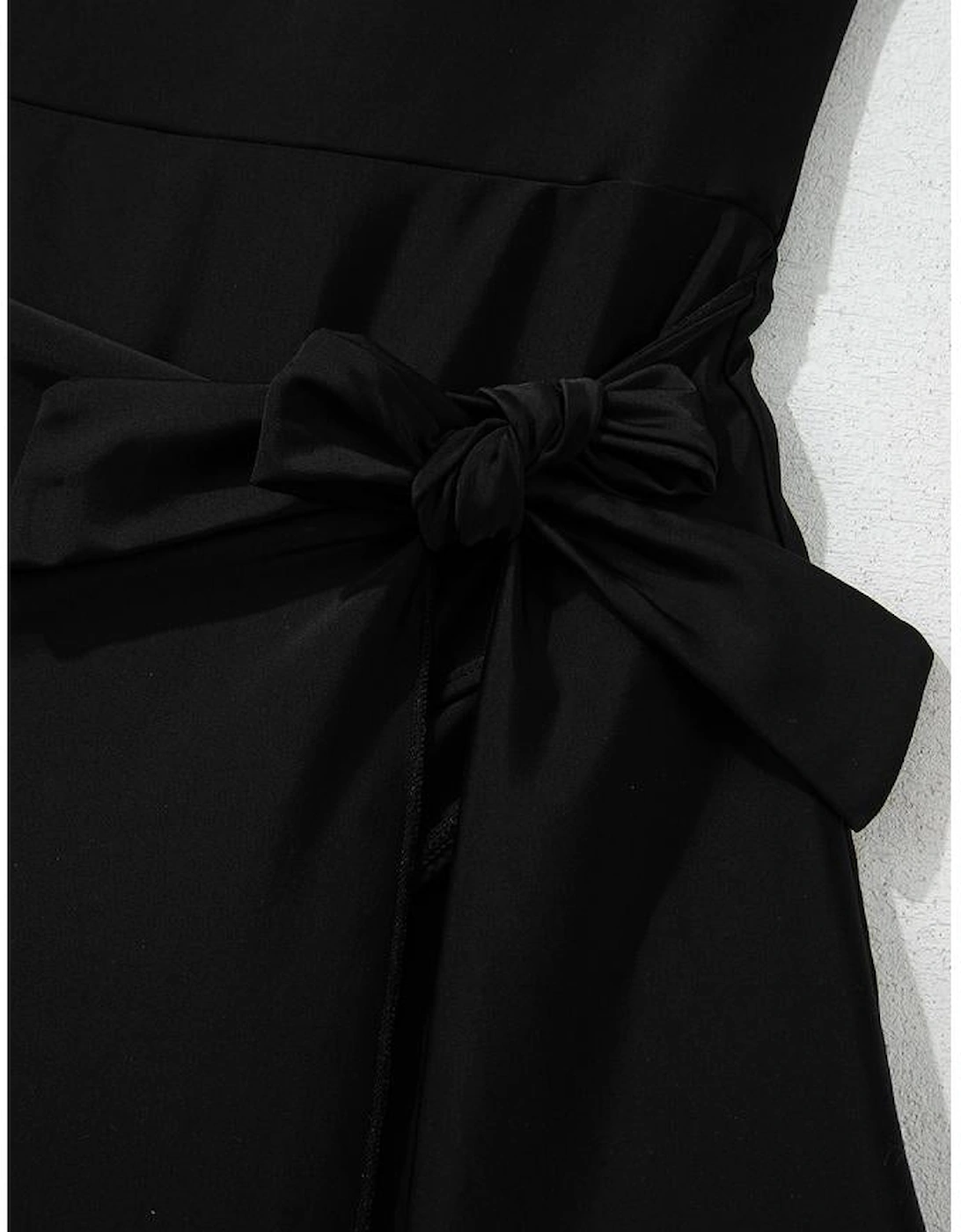 Black Side Tied Waist Square Neck Adjustable Straps A-line One Piece Swim Dress