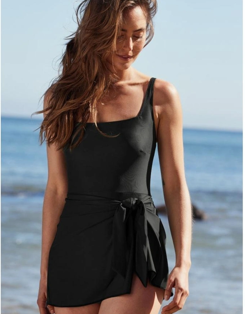 Black Side Tied Waist Square Neck Adjustable Straps A-line One Piece Swim Dress