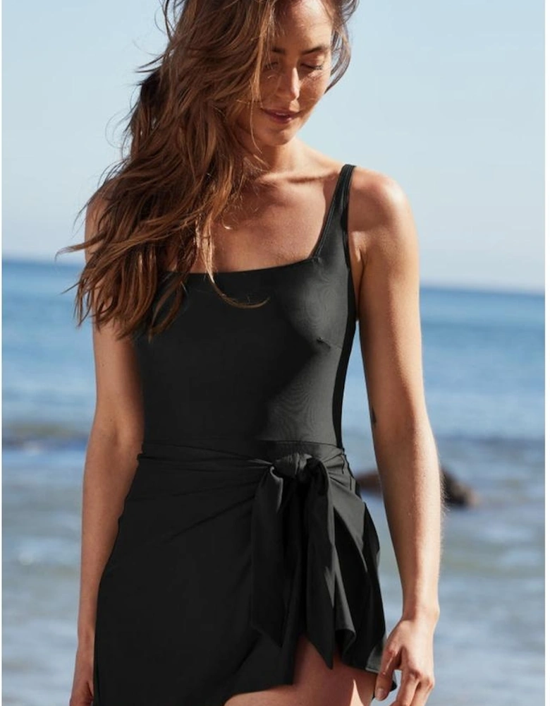 Black Side Tied Waist Square Neck Adjustable Straps A-line One Piece Swim Dress