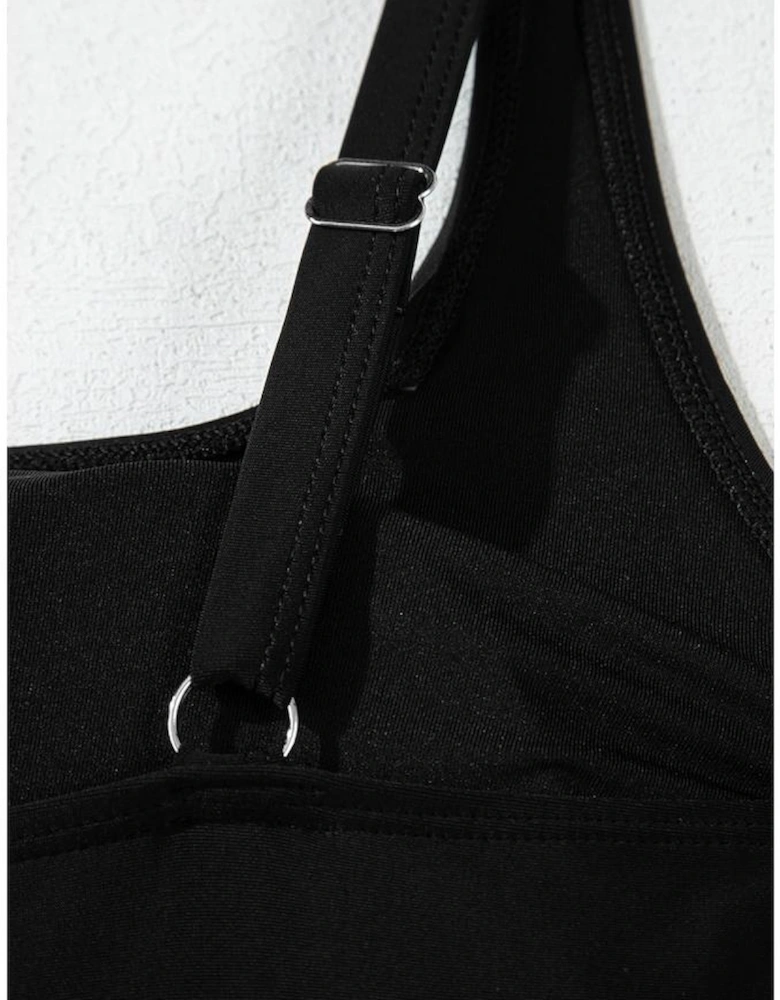 Black Side Tied Waist Square Neck Adjustable Straps A-line One Piece Swim Dress