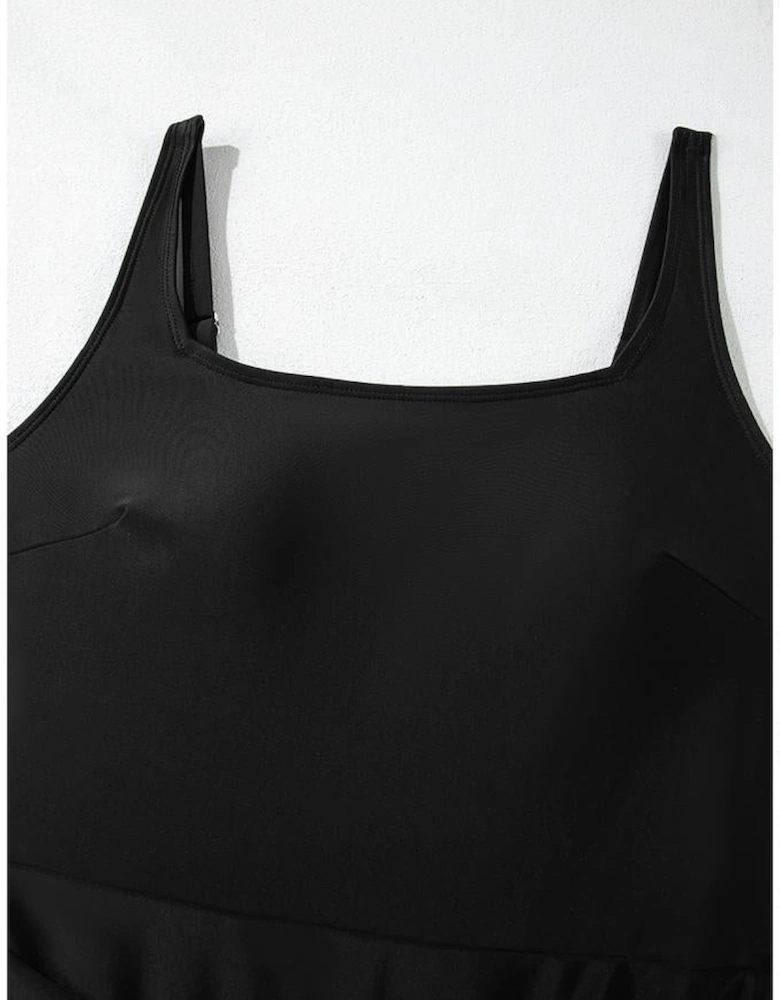 Black Side Tied Waist Square Neck Adjustable Straps A-line One Piece Swim Dress