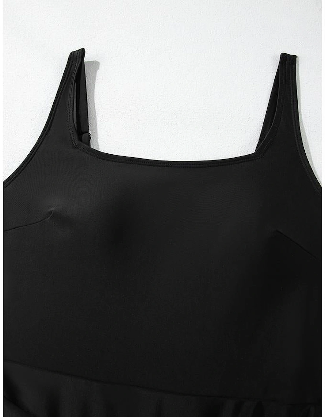 Black Side Tied Waist Square Neck Adjustable Straps A-line One Piece Swim Dress
