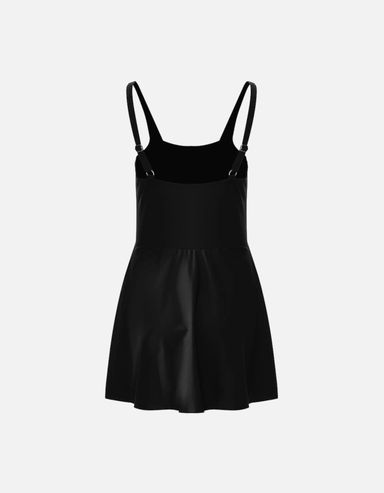 Black Side Tied Waist Square Neck Adjustable Straps A-line One Piece Swim Dress