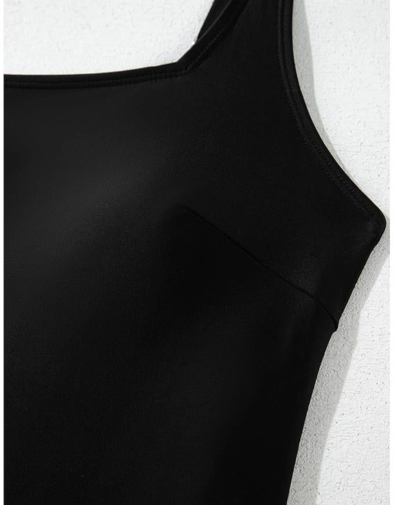 Black Side Tied Waist Square Neck Adjustable Straps A-line One Piece Swim Dress