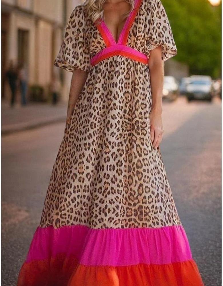 Bright Pink Leopard Colorblock Patchwork Bubble Sleeve Maxi Dress