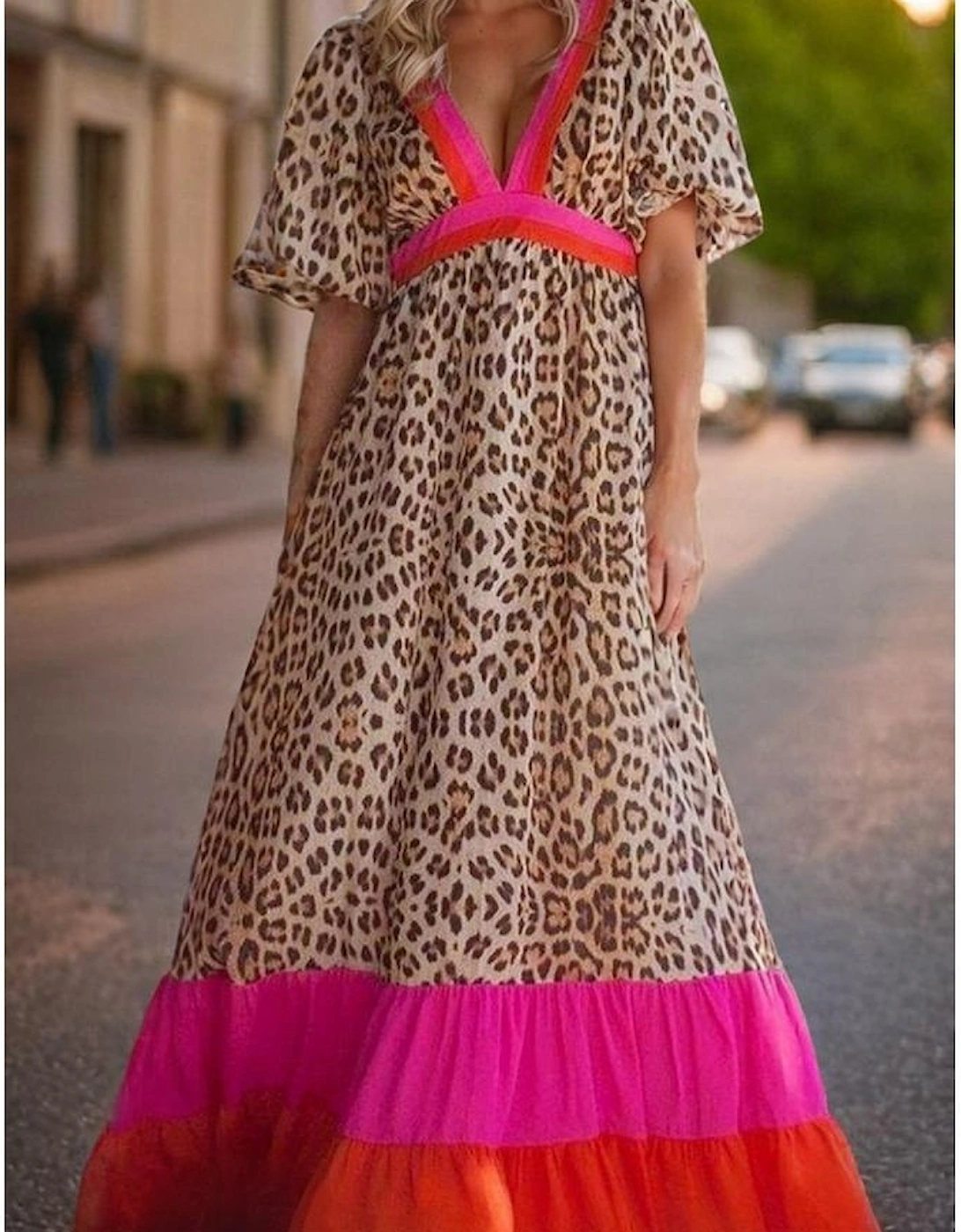 Bright Pink Leopard Colorblock Patchwork Bubble Sleeve Maxi Dress, 11 of 10