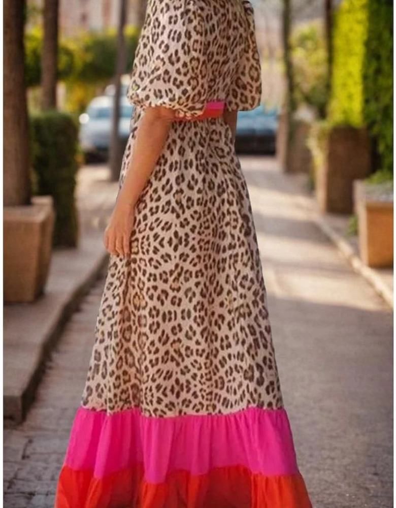 Bright Pink Leopard Colorblock Patchwork Bubble Sleeve Maxi Dress