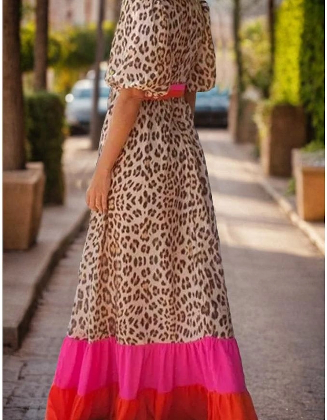 Bright Pink Leopard Colorblock Patchwork Bubble Sleeve Maxi Dress