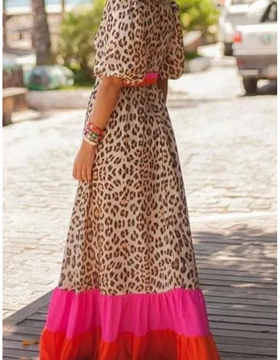 Bright Pink Leopard Colorblock Patchwork Bubble Sleeve Maxi Dress