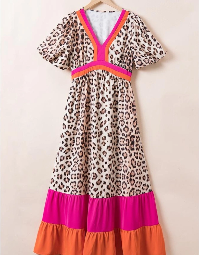 Bright Pink Leopard Colorblock Patchwork Bubble Sleeve Maxi Dress