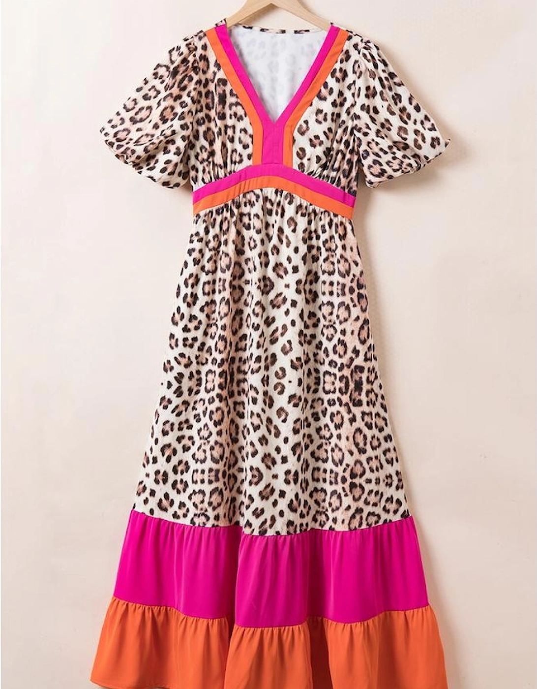 Bright Pink Leopard Colorblock Patchwork Bubble Sleeve Maxi Dress