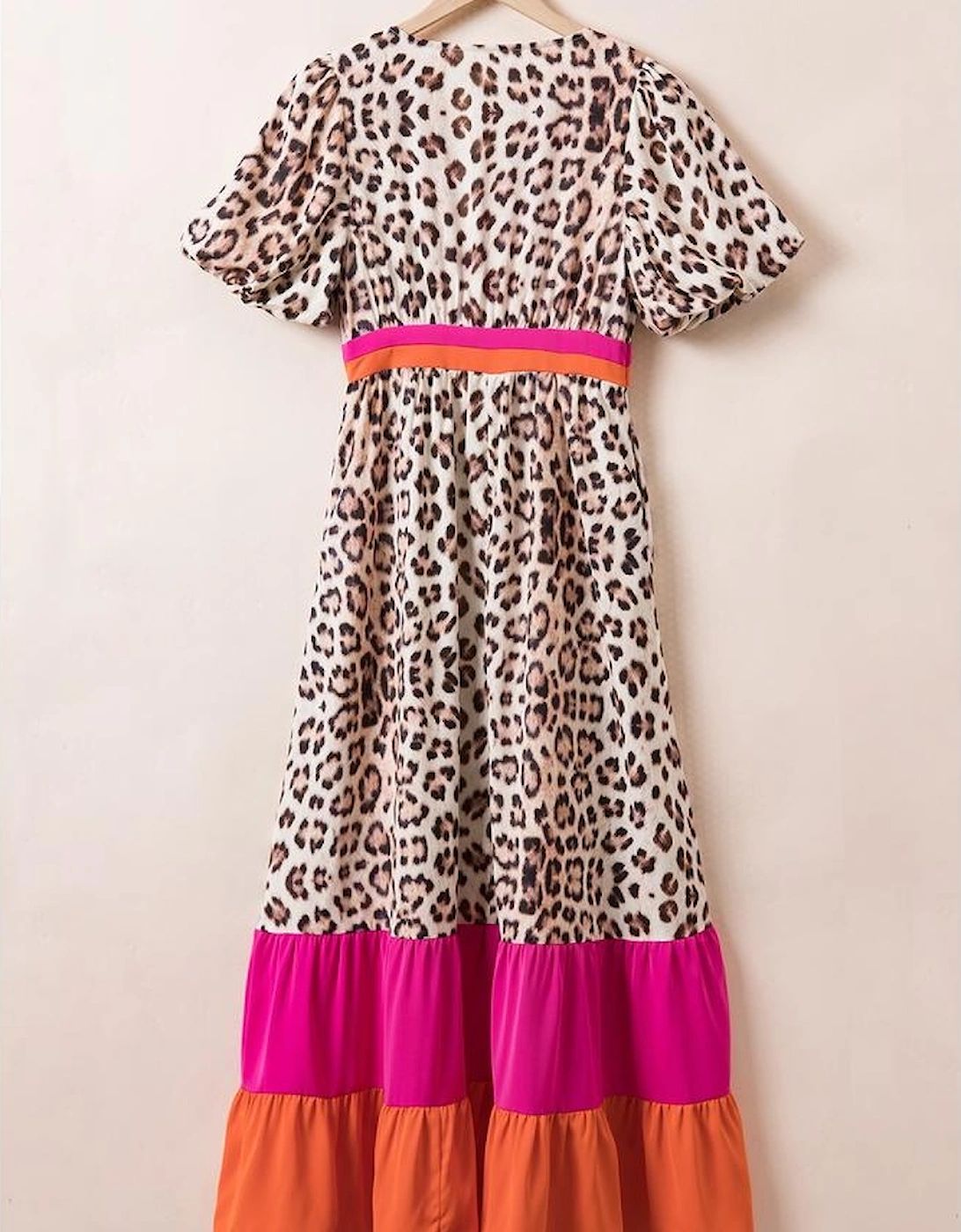 Bright Pink Leopard Colorblock Patchwork Bubble Sleeve Maxi Dress