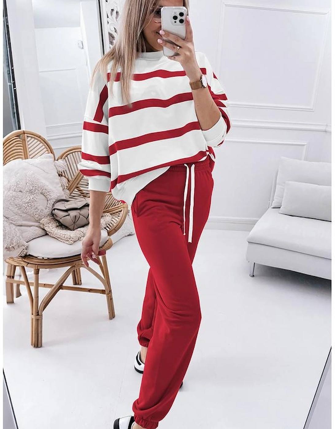 Red Stripe Drop Shoulder Pullover and Jogger Pants Set