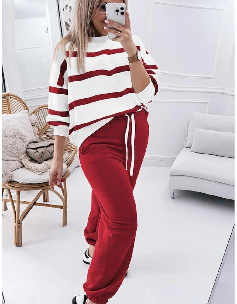 Red Stripe Drop Shoulder Pullover and Jogger Pants Set