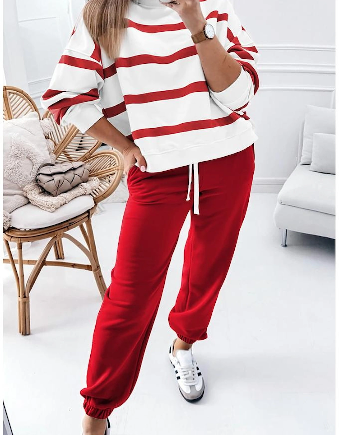 Red Stripe Drop Shoulder Pullover and Jogger Pants Set