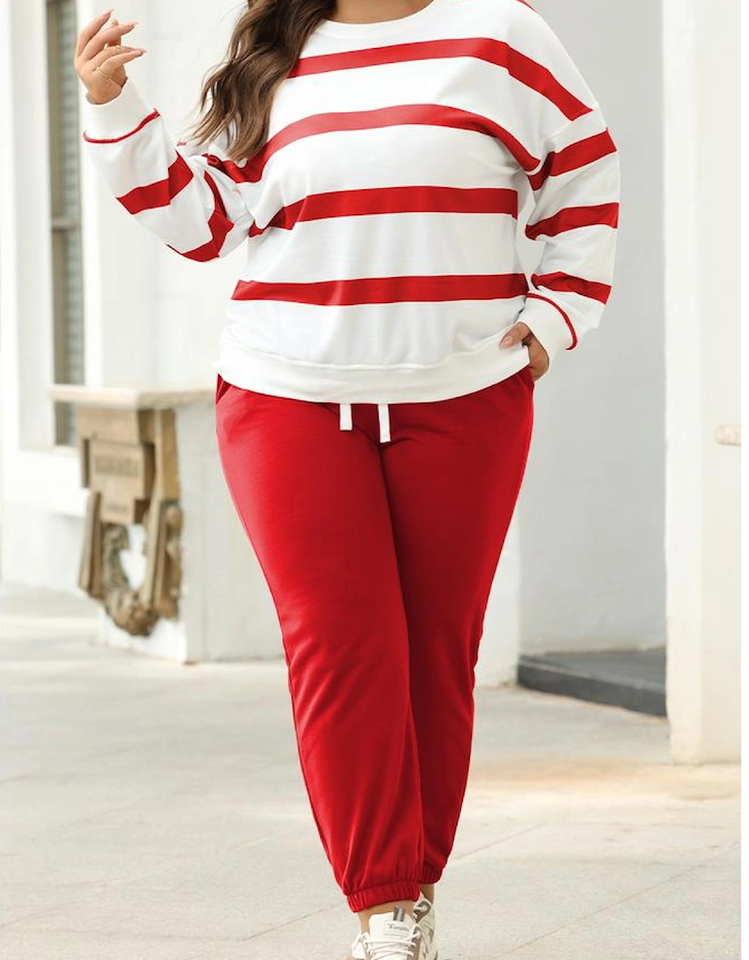 Red Stripe Drop Shoulder Pullover and Jogger Pants Set