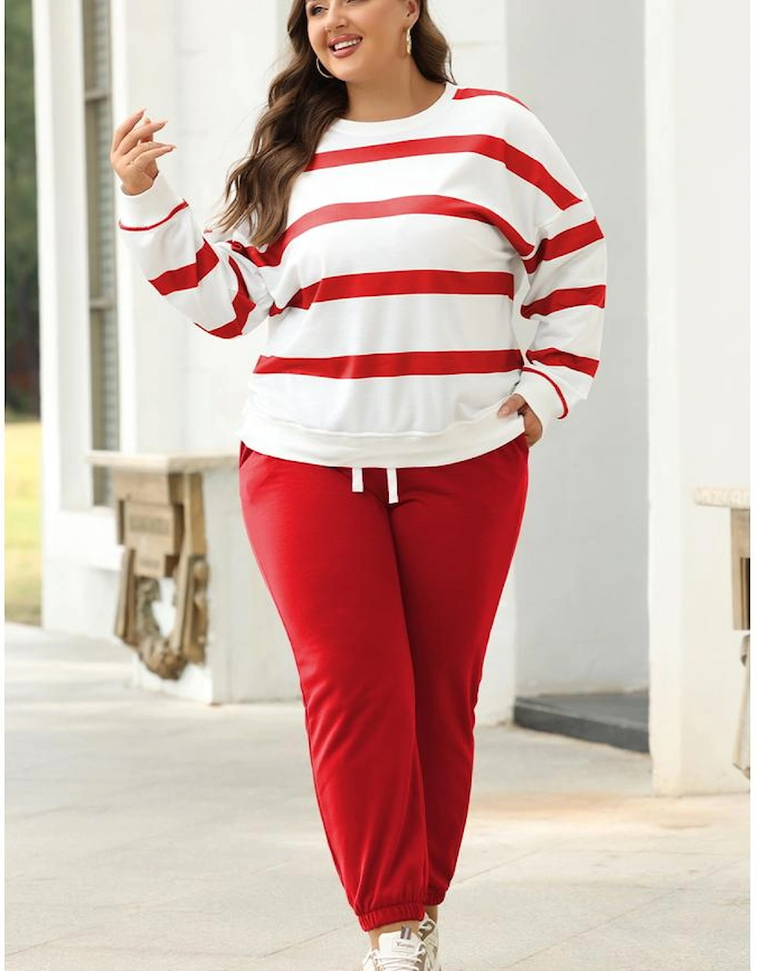 Red Stripe Drop Shoulder Pullover and Jogger Pants Set