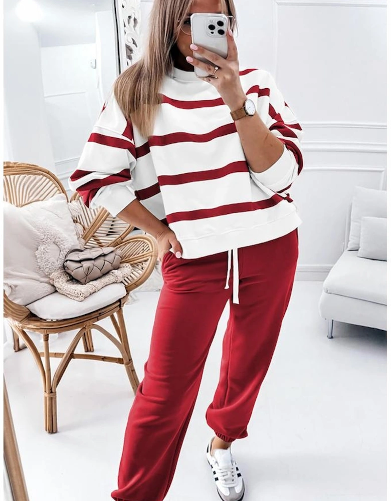Red Stripe Drop Shoulder Pullover and Jogger Pants Set