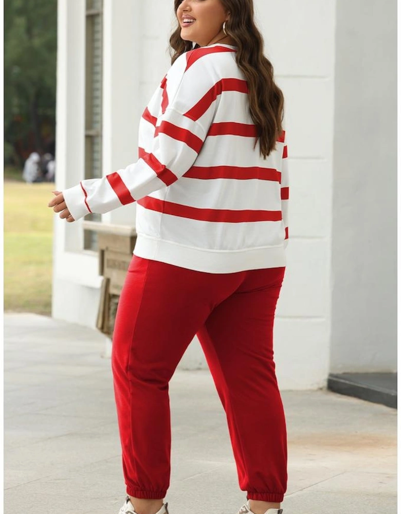 Red Stripe Drop Shoulder Pullover and Jogger Pants Set
