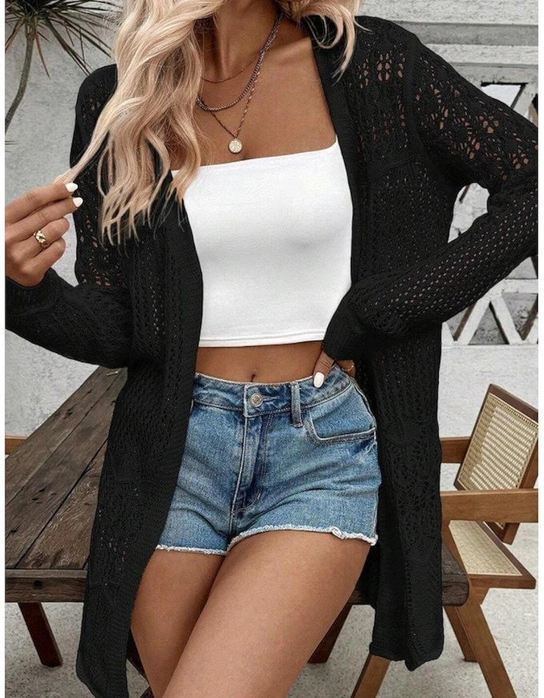 Black Crochet Hollow Out Open Front Cardigan