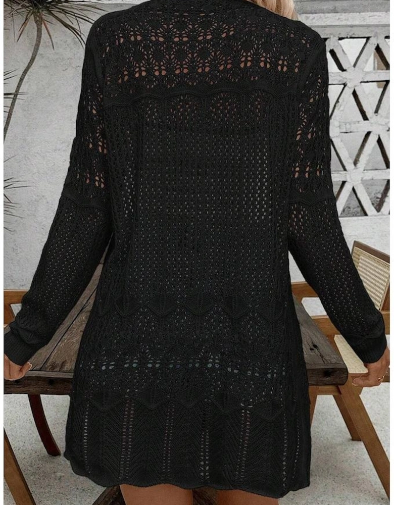 Black Crochet Hollow Out Open Front Cardigan