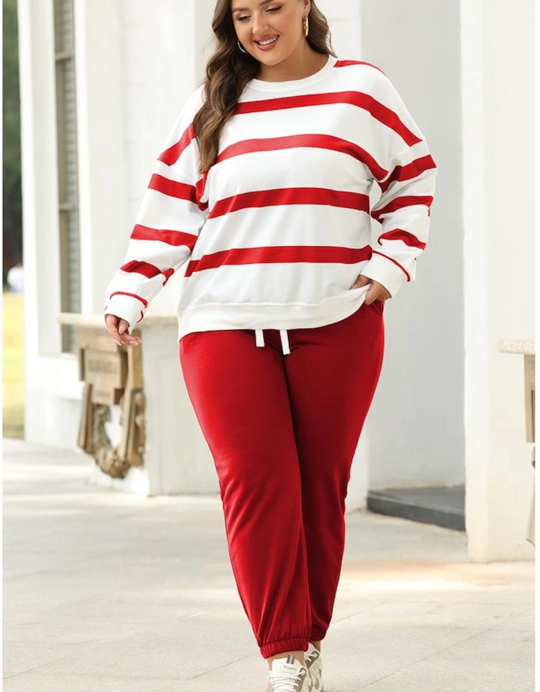 Red Stripe Drop Shoulder Pullover and Jogger Pants Set