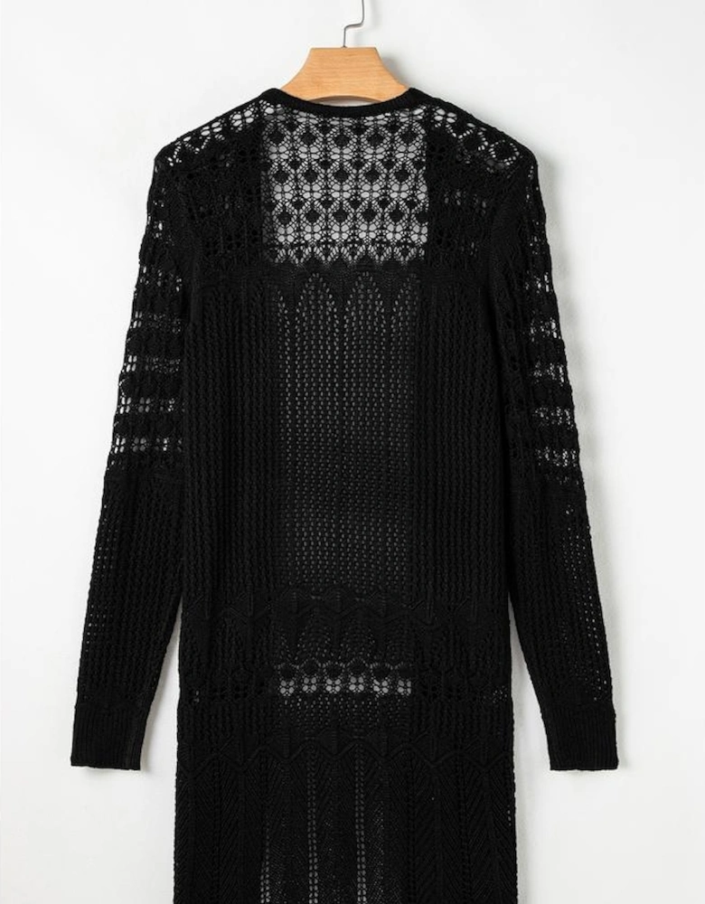 Black Crochet Hollow Out Open Front Cardigan