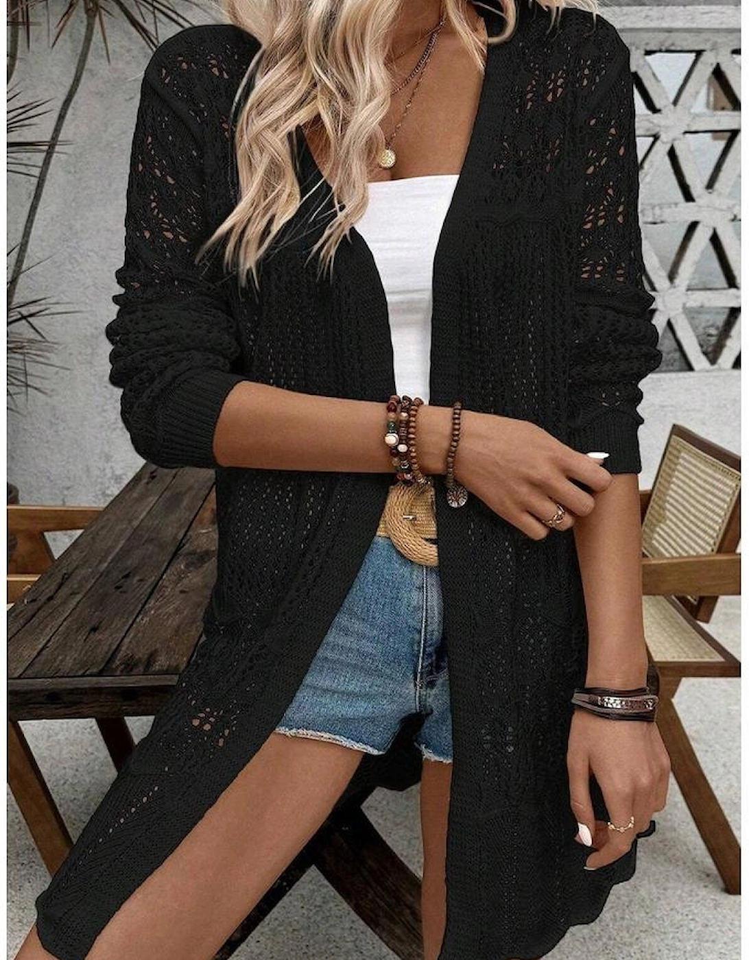 Black Crochet Hollow Out Open Front Cardigan