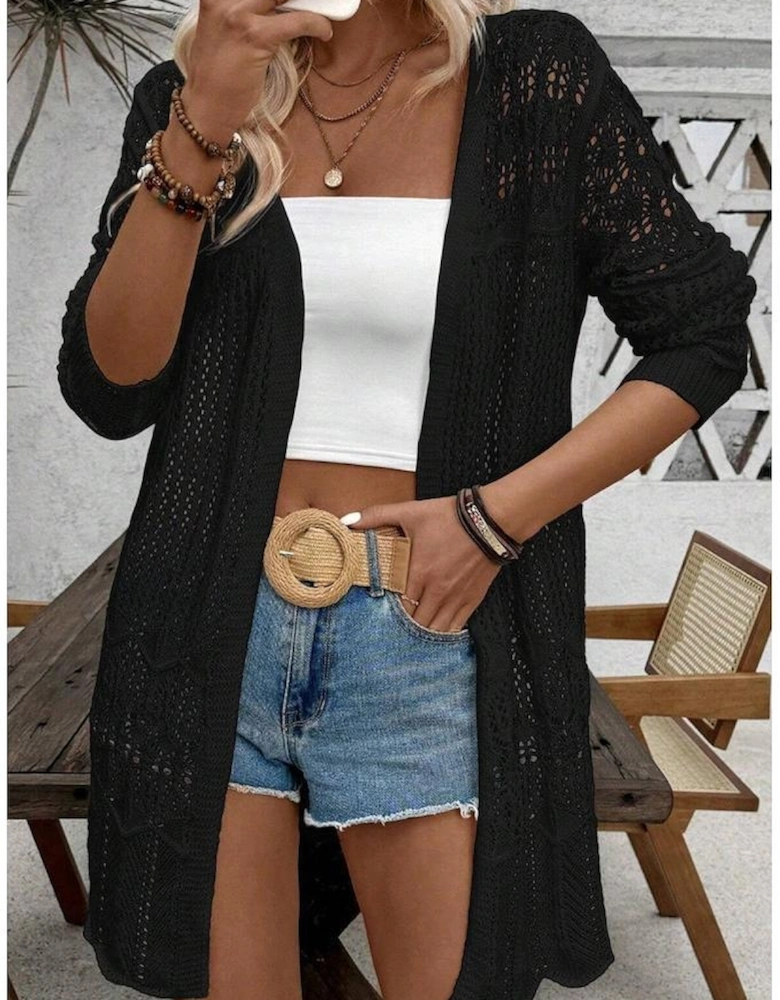 Black Crochet Hollow Out Open Front Cardigan