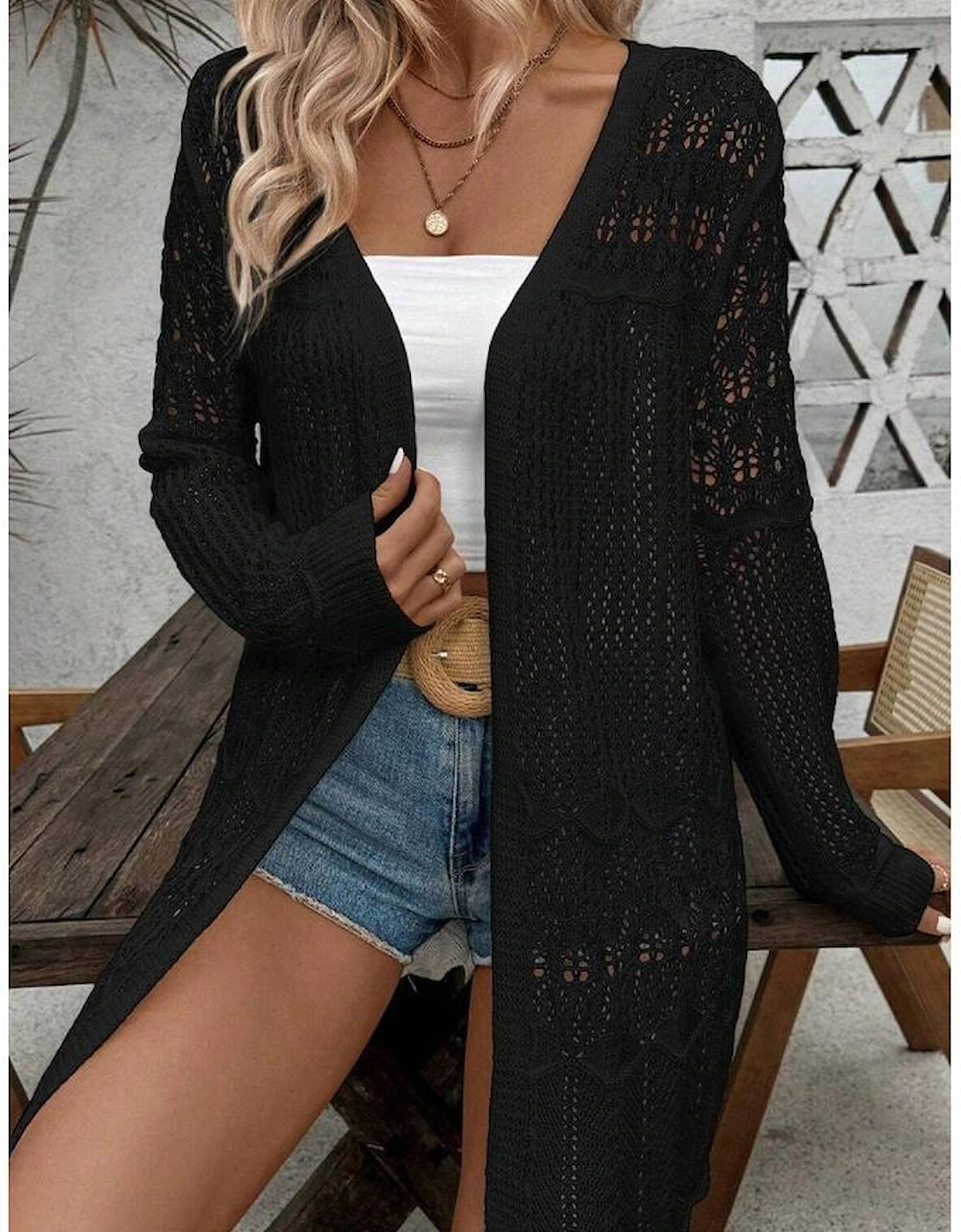 Black Crochet Hollow Out Open Front Cardigan
