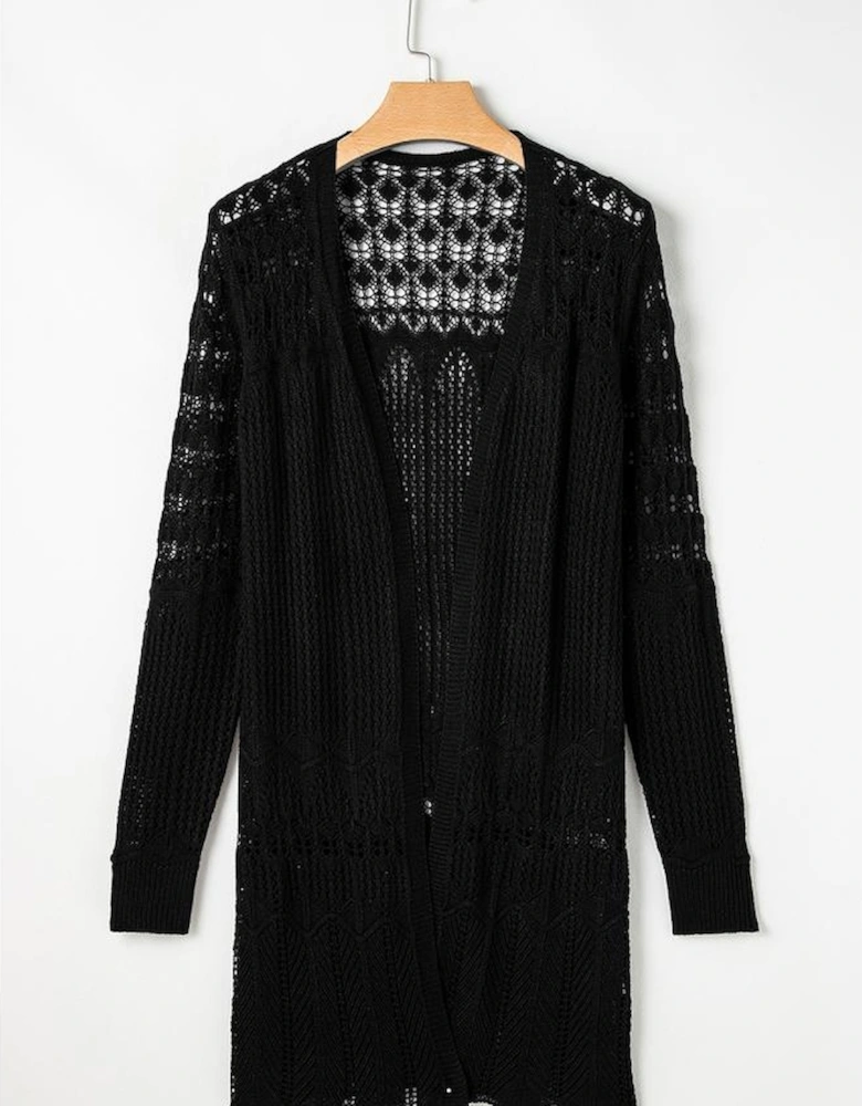 Black Crochet Hollow Out Open Front Cardigan