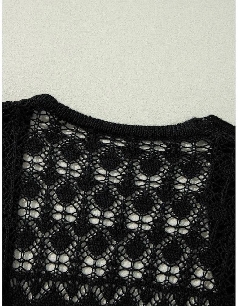 Black Crochet Hollow Out Open Front Cardigan