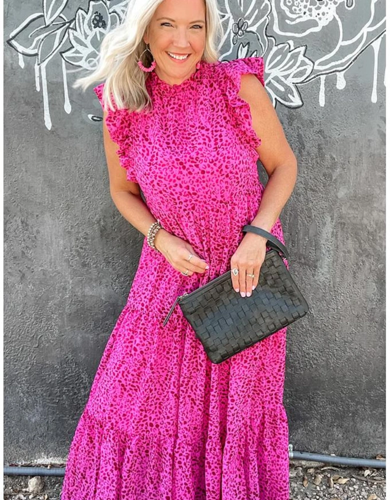 Rose Red Leopard Print Ruffled Trim Tiered Maxi Dress