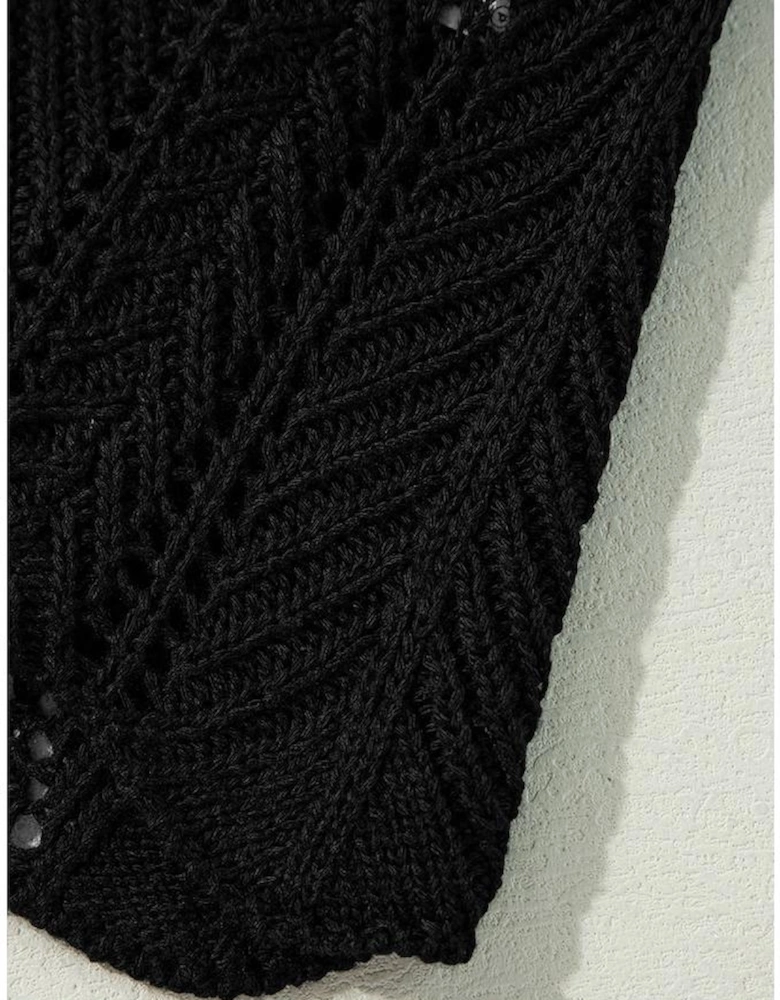 Black Crochet Hollow Out Open Front Cardigan