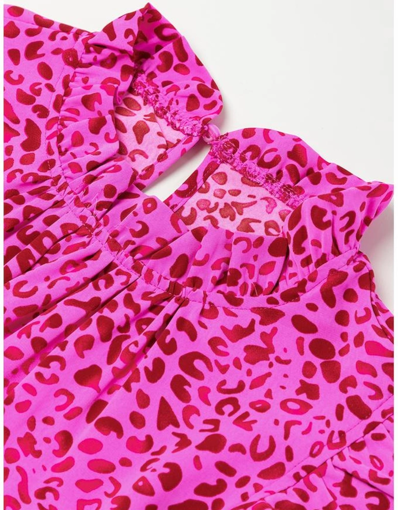 Rose Red Leopard Print Ruffled Trim Tiered Maxi Dress