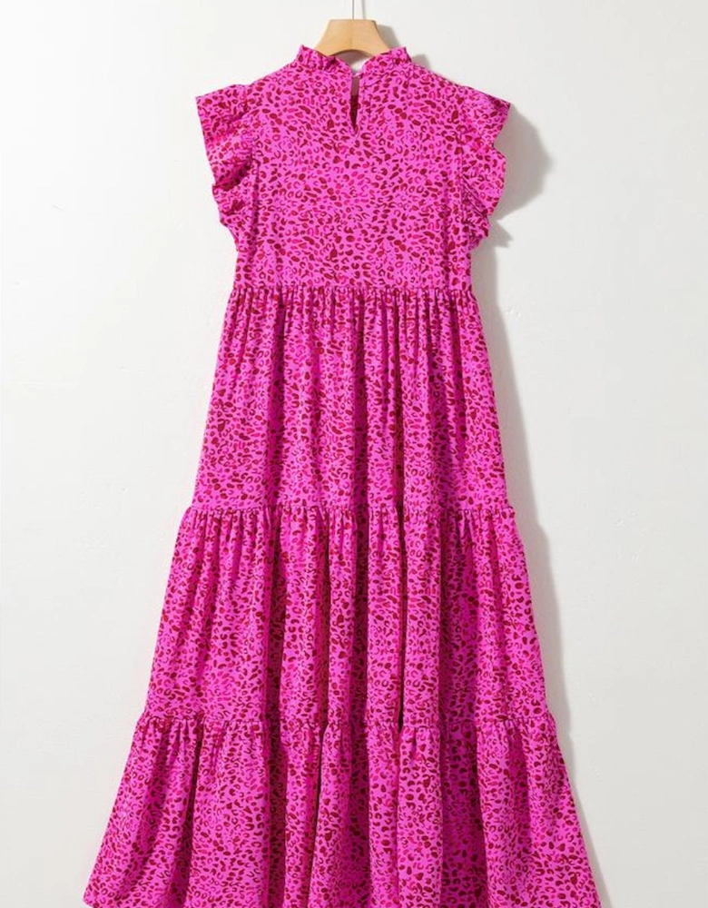 Rose Red Leopard Print Ruffled Trim Tiered Maxi Dress