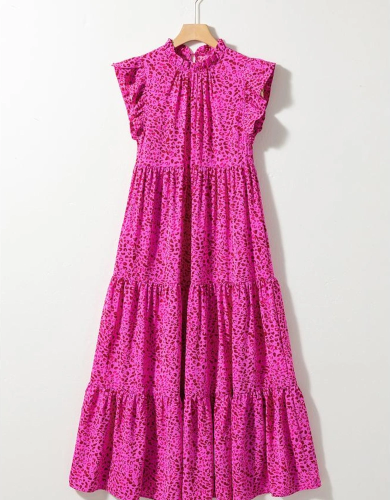 Rose Red Leopard Print Ruffled Trim Tiered Maxi Dress