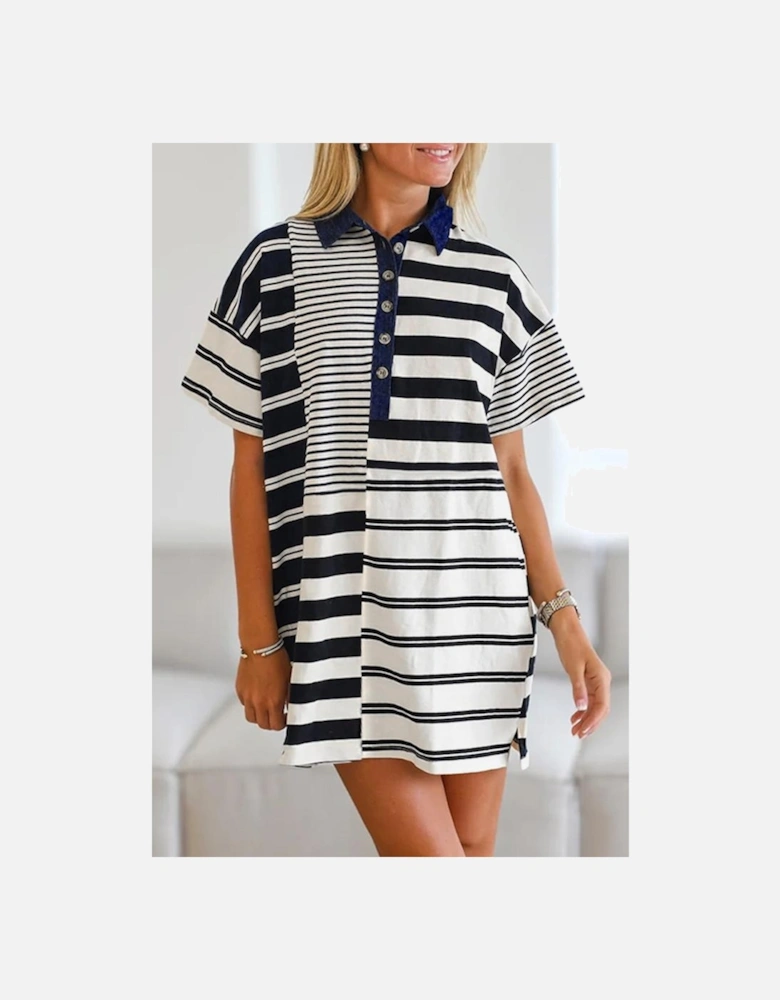 Black Stripe Half Placket Polo T Shirt Dress