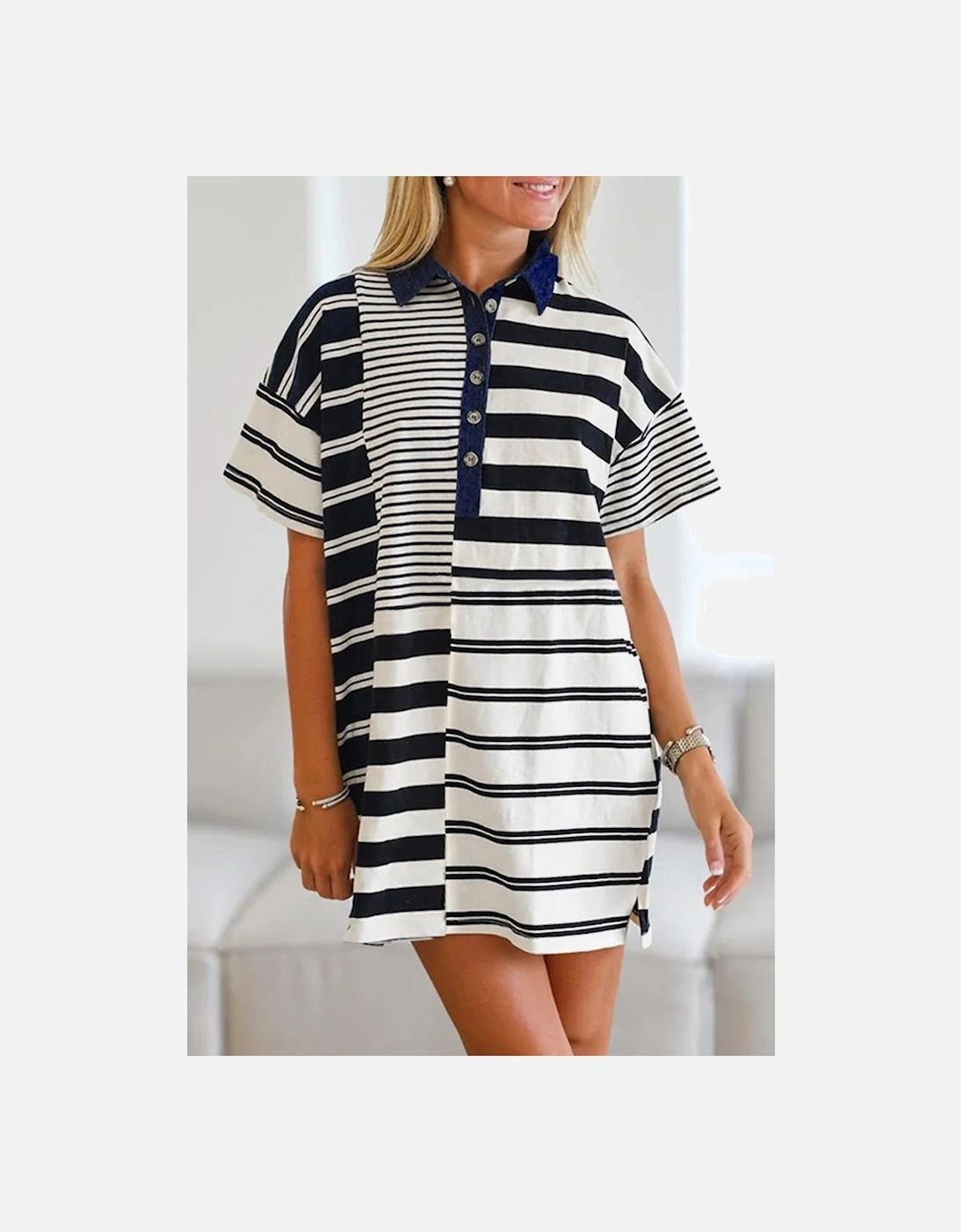 Black Stripe Half Placket Polo T Shirt Dress
