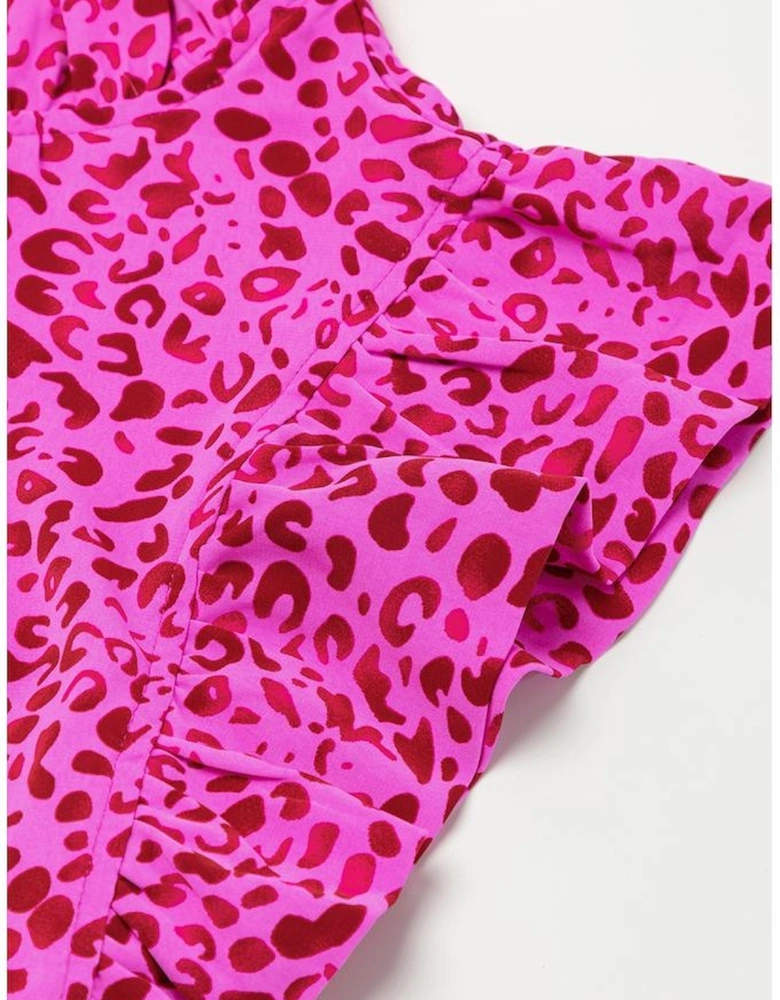 Rose Red Leopard Print Ruffled Trim Tiered Maxi Dress