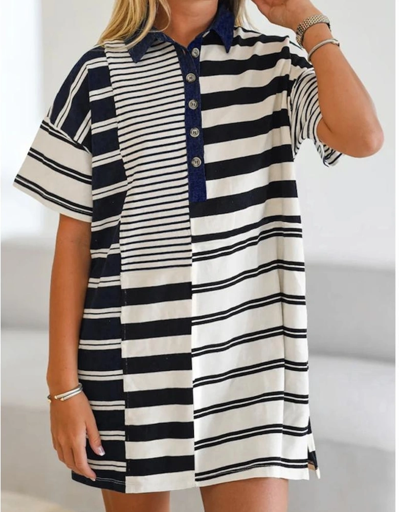Black Stripe Half Placket Polo T Shirt Dress