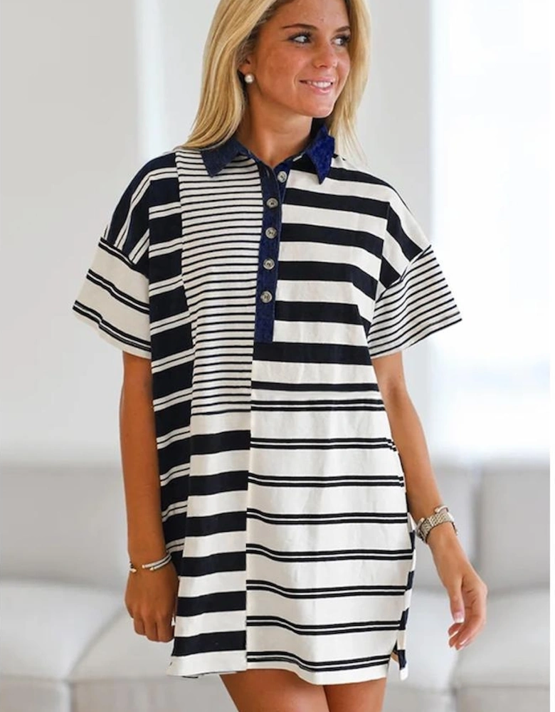 Black Stripe Half Placket Polo T Shirt Dress