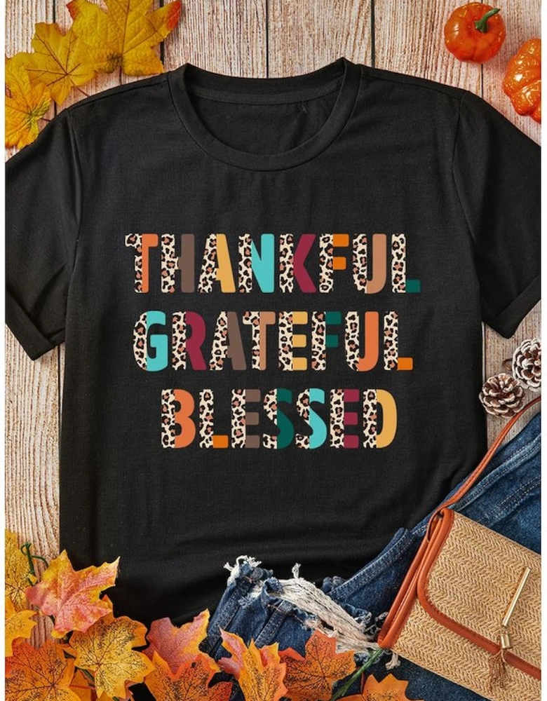 Black Thankful Grateful Blessed Leopard Print Crewneck T Shirt