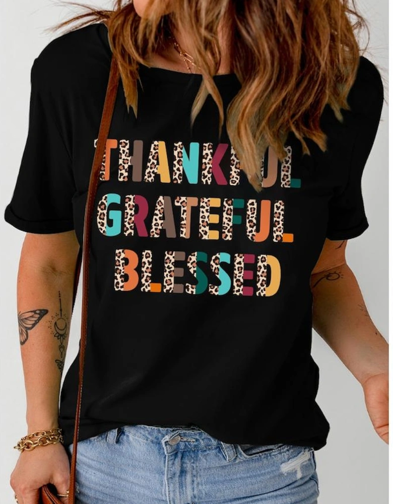 Black Thankful Grateful Blessed Leopard Print Crewneck T Shirt