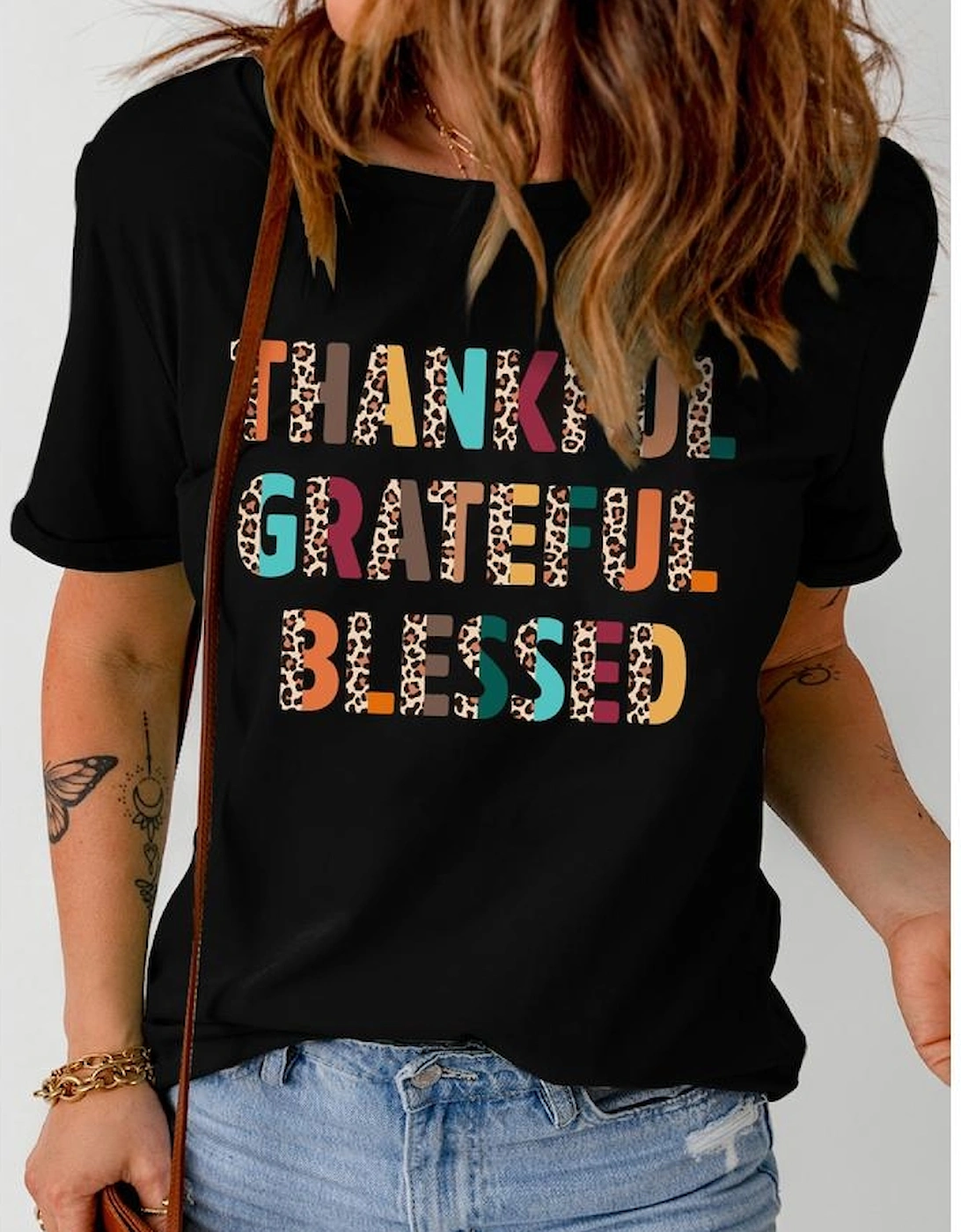 Black Thankful Grateful Blessed Leopard Print Crewneck T Shirt