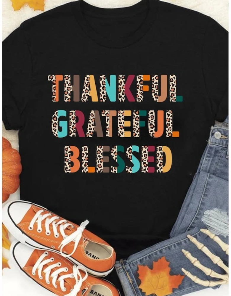Black Thankful Grateful Blessed Leopard Print Crewneck T Shirt