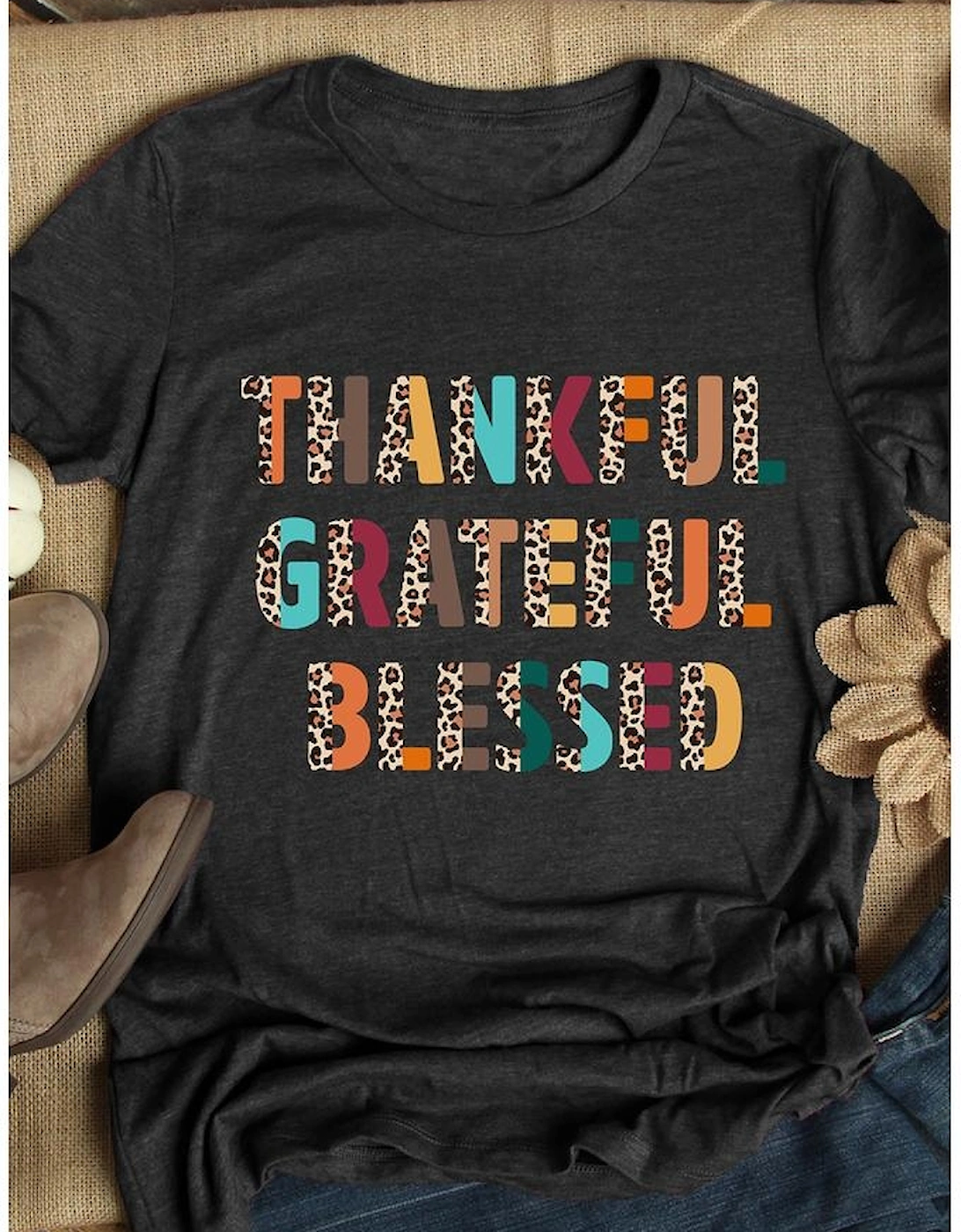 Black Thankful Grateful Blessed Leopard Print Crewneck T Shirt